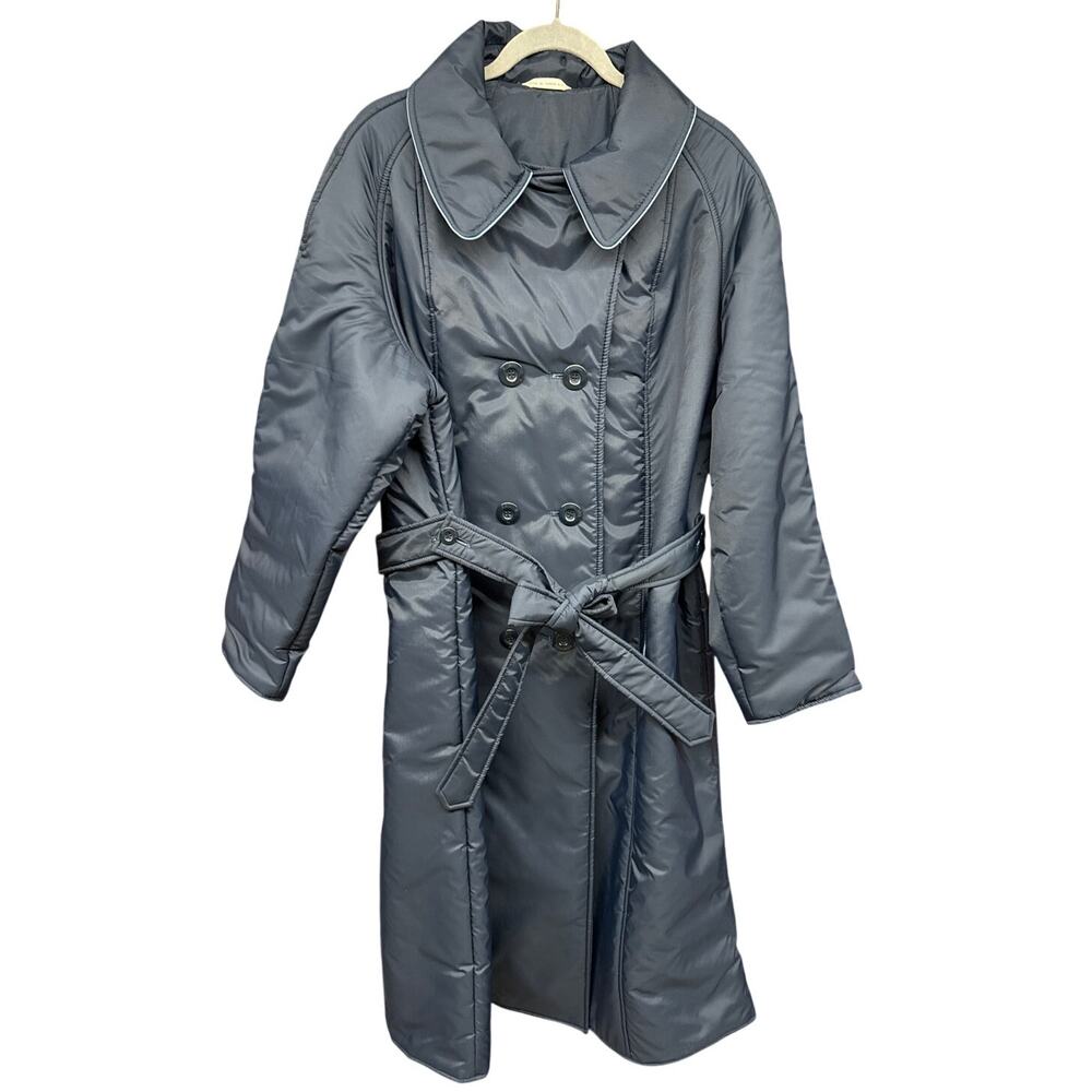 70s Vintage Aurora International Navy Quilted Large Coat Cottage England Belted